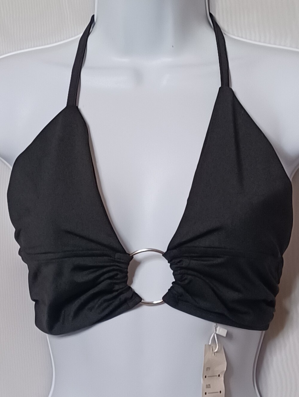 Mei Na Fashion Women's Black Halter Swim Top with Front Ring. Size M